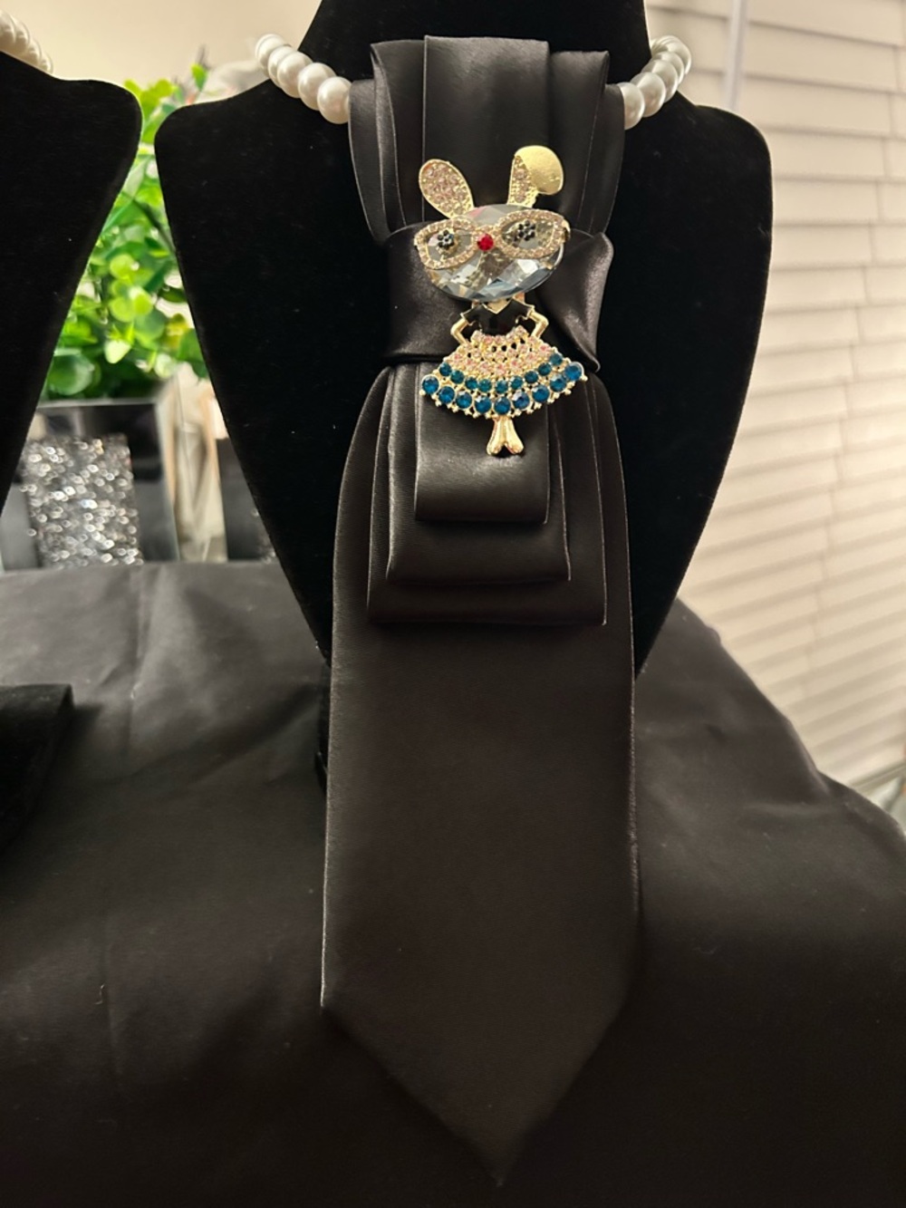 Black Satin Tie Necklace with Crystal Bunny Brooch